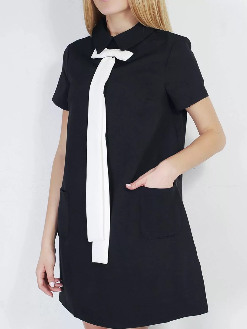 Lost Ink Black Shift Mini Dress with White Tie Detail